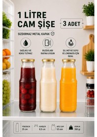 Resim 3 Adet 1 Litre Şeffaf Sürahi Süt, Ayran, Su, Limonata, Meşrubat Şişesi Metal Gold Kapaklı Cam Şişe Çok Renkli 