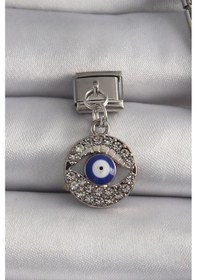 Resim 316l Çelik Gümüş Renk Sallantı Zirkon Taşlı Göz Model Nazar Boncuk Detay Nomination Charm 