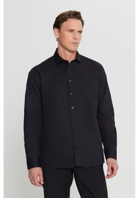 Resim AC&Co / Altınyıldız Classics Erkek Sıyah %100 Pamuk Regular Fit Normal Kesim Küçük İtalyan Yaka Armürlü Gömlek Siyah 
