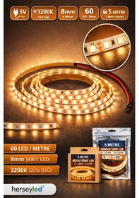 Resim 5v Günışığı Şerit Led 3200k, 8mm, 60 Led/metre, İç Mekan, 5 Metre Paket Gün Işığı 