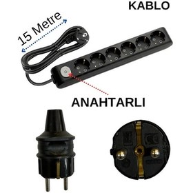 Resim Avarson 6'lı Altılı Priz Topraklı Anahtarlı Kablolu Siyah 3x1,5 Ttr 15 On Beş Metre 