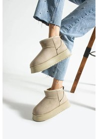 Resim Süet Kadın Kışlık Ev Ve Dışarı Botu Terliği Yüksek Kalın Tabanlı Kışlık İçi Yünlü Tüylü Bootie Bej 