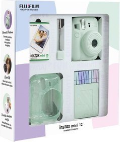 Resim Fujifilm Instax Mini 12 Fotoğraf Makinesi + 10'lu Film + Simli Pleksi Kılıf + Mandal + Kıskaçlı Resim Standı Yeşil 