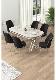 Resim Canisa Lai Serisi 90x168 Lak Panel Beyaz Mermer Desen Krom Ayak Masa Takımı 6 Siyah Sandalye Beyaz Mermer Desen Masa Sandalyeler Siyah 