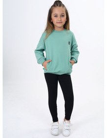 Resim Toontoy Kids Toontoy Kız Çocuk 2'li Takım Baskılı Bisiklet Yaka Düşük Omuz Cepli Sweatshirt & Basic Düz Tayt Yeşil 