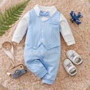Resim YIERYING Bebek Erkek Çizgili Yelek & Pantolon Takımı - Yumuşak Uzun Kollu Romper, Papyonlu, Beyaz Gömlek & Mavi Çizgiler, İlkbahar/Sonbahar için Mükemmel, Günlük Kıyafet, Bebek Erkek Kıyafetleri, Dış Mekanlar için Mükemmel 