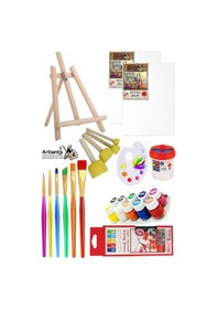 Resim Mini Şövale 25x35 2 Li Tuval Südor 10 Renk Guaj Boya Başlangıç Seti Fırça Palet Ponpon Su Kabı Masaüstü Sanatsal 