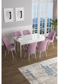 Resim Canisa Han Serisi, Beyaz 70x114 Açılabilir Mdf Yemek Odası Takımı, 6 Pembe Sandalye Masa Beyaz Sandalyeler Pembe 