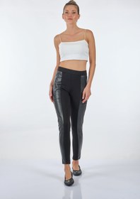 Resim Vedi Minimalist Deri Detaylı Slim Fit Kadın Tayt - Günlük Stil - Bej / 38 