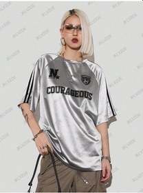 Resim Jklvzoelos Angeles Baskılı Pembe Patchwork Kadın T-shirt 2025 Y2k Spor Formagümüş Gümüş 