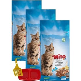 Resim Mito Mix Adult Cat Tavuklu Ve Balıklı Renkli Taneli Kedi Maması 1KG X 3 Adet + Kürek + Mamalık 