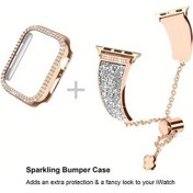 Resim Sunshine022 44mm Rose Gold İwatch Metal Taşlı Bileklik Ve Kasa Uyumlu 