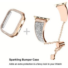 Resim Sunshine022 44mm Rose Gold İwatch Metal Taşlı Bileklik Ve Kasa Uyumlu 