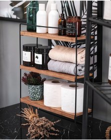 Resim DEKORATİF AHŞAP RAFLI METAL MUTFAK VE BANYO RAFI ÇOK AMAÇLI DUVAR Siyah 