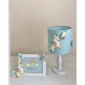 Resim Mint Yeşili Unicorn Figürlü Kız/erkek Bebek Odası Tasarım Abajur Çerçeve Set 