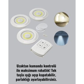 Resim Aesco 3 Lü Pilli Kablosuz LED Spot Lamba Seti Kumandalı Kolay Montaj Aydınlatma - Lisinya 