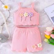 Resim Kızlar için Yaz Çiçek Desenli Ribana Örgü Kolsuz Üst ve Şort Takımı, %95 Polyester %5 Elastan, Küçükler için Sevimli Normal Kalıp Kıyafet, Dış Mekanlar İçin 