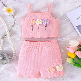 Resim Kızlar için Yaz Çiçek Desenli Ribana Örgü Kolsuz Üst ve Şort Takımı, %95 Polyester %5 Elastan, Küçükler için Sevimli Normal Kalıp Kıyafet, Dış Mekanlar İçin 