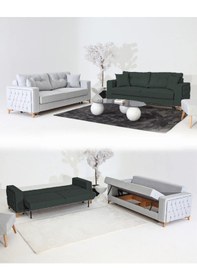 Resim Nola Koltuk Takımı 3+3 & Bazalı Yataklı Koltuk & Kanepe - Keten Gri-koyu Yeşil 