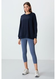 Resim Tommy Life İndigo Kompakt Pamuklu Kalın Pürüzsüz Dokulu O Yaka Oversize Fit Kadın Sweatshirt - 97288 İndigo 