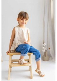 Resim Oliventhekid Bej Naturel Keten Kolsuz Uçları Fırfırlı Kız Çocuk Bluz Bej Bej 