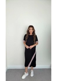 Resim Defymoda Kadın Kol Ve Etek Şerit Detaylı Midi Boy Elbise Siyah 