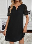 Resim Kadın Kısa Kollu V Yakalı Kısa Janjan Krep Elbise Siyah 