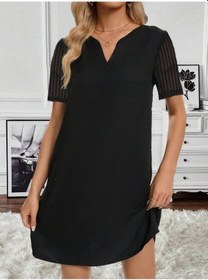 Resim Kadın Kısa Kollu V Yakalı Kısa Janjan Krep Elbise Siyah 