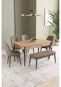 Resim Ikon Meşe Desen 80x132 Mdf Açılabilir Yemek Masası Takımı 4 Sandalye, 1 Bench Cappucino 