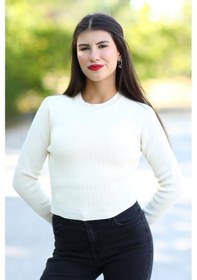 Resim Kadın Bej Fitilli Crop Triko Kazak Kısa Model Akrilik Kumaş Ribanalı - 3122 Bej 