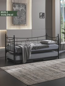 Resim Unimet Daily Yavrulu Metal Karyola Daybed - Çift Kişilik Olabilen Yatak Dahil Set (Siyah/90x200) 