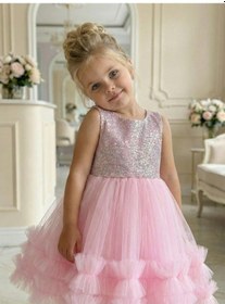 Resim Butikhappykids Kız Çocuk Pembe Payetli Volanlı Tüllü Prenses Abiye Elbise 1-5 Yaş Pembe 