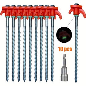 Resim 10 Adet Floresan Halkalı Ağır Hizmet Tipi Çadır Kazıkları, Luminöz Halkalı Vidalı Çadır Çivileri, Altıgen Başlı Sürücü ve Saklama Kutusu, Kamp Temelleri 