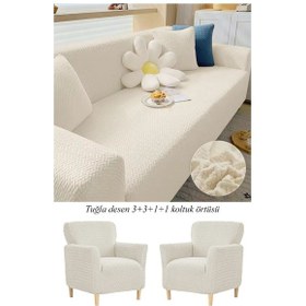 Resim StarMall Tuğla Desen Koltuk Örtüsü Çekyat Kılıfı 3311 Takım Krem 