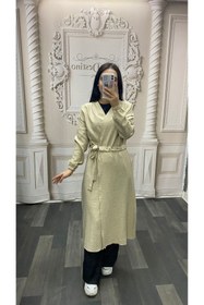 Resim EGELİMODA Uzun Tesettür Keten Gi̇y Çik Yelek Ceket 