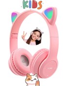 Resim Favors Kedi Kulağı Bluetooth Kablosuz Kulaklık Rengarenk Işıklı Rgb 
