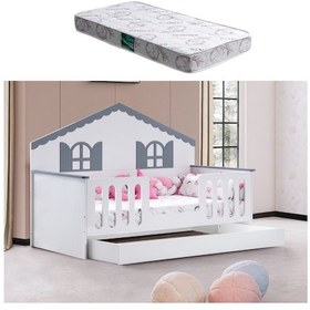 Resim Yavrulu Karyola, Poli Yavrulu Montessori Yatak - Gri + 1 Adet Comfort Yatak 