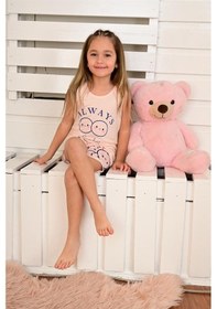 Resim kız çocuk askılı pijama takımı always smile somon 