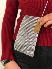 Resim SmY Bag Astarsız Işıltılı Gümüş Renk Taş Görünümlü Gece Ve Telefon Çantası 