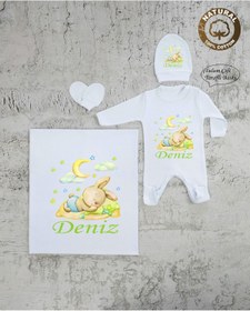 Resim yzc home size dair... E88 Bt Isme Özel Isimli Baskılı Bebek Battaniye Tulum Şapka Eldiven Set Hastane Çıkışı 