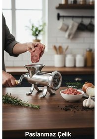 Resim 12'lik Paslanmaz Çelik Kıyma Makinesi Kollu Dayanıklı Ve Hijyenik Makina Metalik 