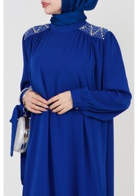 Resim Sevitli Omuzu İşlemeli Beli Kuşaklı Tesettür Elbise-saks Mavisi-3509-saks Mavisi Saks Mavisi 