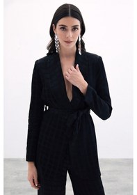 Resim Sateen Kare Desenli Kuşaklı Ceket - Siyah-135788 Siyah 