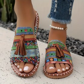 Resim Kadınların Canlı Etnik Desenli Püskül Sandaletleri - Hafif Nefes Alabilen Kumaş, Renkli Tasarımlarla El Yapımı, Rahat Yaz Plaj Ayakkabıları, Casual Slip-On Stili, Düz Topuk, Açık Burun, Kauçuk Taban, Casual Kıyafetler İçin Mükemmel, Strappy Sandaletler 