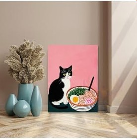 Resim Kanvas Tablo Noodle ve Kedi Görseli Sevimli Kanvas Tablo Ev Hediyesi Ev Dekorasyonu 