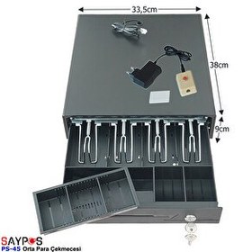 Resim Saypos PS45 Orta Boy Para Çekmecesi Kolay Açma Buton ve Adaptörlü 4 Banknot Gözlü 33,5x38x9cm 