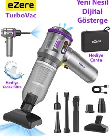 Resim EZERE TurboVac 18000pa Güçlü Dijital Göstergeli Vakumlu Kablosuz Üflemeli Mini Araç Süpürgesi 