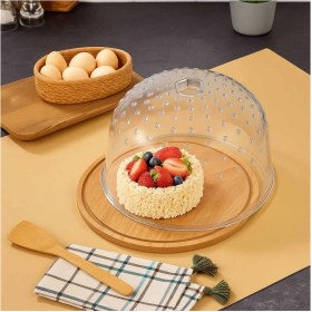 Resim Özbience Yuvarlak Ahşap Kek Fanusu 30CM, Akrilik Kapaklı Servis Sunumu 