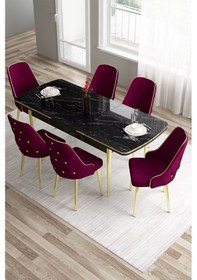 Resim Canisa Tia Serisi 80x132 Açılabilir Mdf Siyah Mermer Desen Mutfak Masası Ve 6 Mürdüm Sandalye Masa Siyah Mermer Desen Sandalye Mürdüm 