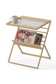 Resim SHOWDEKO Nixi Metal Eskitme Altın Renk Cam Rafli Magazinlik Gazetelik Yan Sehpa 